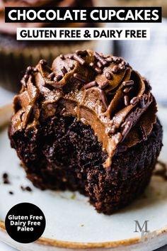 a chocolate cupcake with frosting on a plate