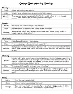 the college week morning meeting worksheet is shown in black and white, with text on