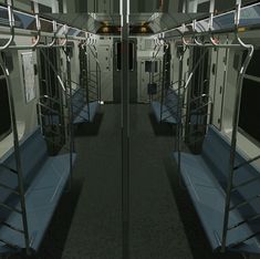 an empty train car with blue seats and metal railings on the inside, looking down