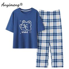 Korean Pajamas, Blue Pajamas, Flannel Pj Pants, Pajamas Aesthetic, Pajamas Fashion, Boys Pjs, Summer Loungewear, Pajama Fashion, Cute Pajama Sets