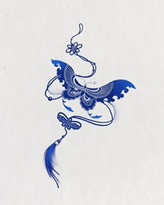 a blue and white drawing of a butterfly with wings on it's back side