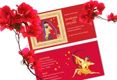 two business cards with red flowers and an image of a woman swinging on a swing