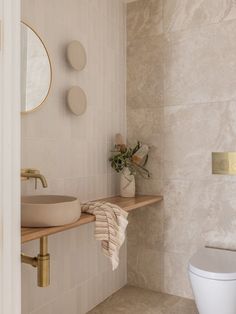 a white toilet sitting next to a bathroom sink under a mirror on top of a wooden shelf