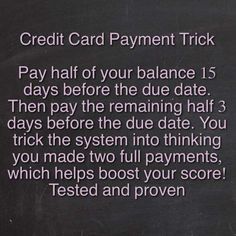 a blackboard with the words credit card payment trick written in purple ink on it