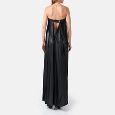 Make an entrance with the Desire Black Strapless Pleated Maxi Dress, crafted from vegan leather for an effortlessly bold look. With high-rise pleating and gold button details, this piece flatters with its relaxed yet structured drape. The adjustable back closure and belt tie at the bust allow for a perfect fit, combining minimalist design with edgy sophistication. Sustainably made in Australia, this dress transitions seamlessly between seasons while exuding timeless allure Pleated Finish Maxi Le Sleek Leather Evening Dress, Chic Leather Evening Dresses, Spring Evening Leather Dress, Leather Evening Dresses For Summer, Designer Maxi Dress, Belt Tie, Pleated Maxi Dress, Pleated Maxi, Mens Jewelry Bracelet