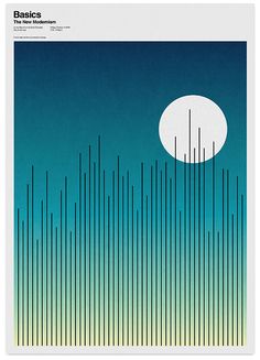 an abstract poster with lines and a full moon in the sky above it that reads basics