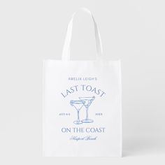 This design features trendy bold text, beachy coastal vibes with hand drawn cocktails. Drawn Cocktails, Toast On The Coast Bachelorette, Coastal Vibes, Bold Text, Bachelorette Weekend, Reusable Grocery Bags, The Coast