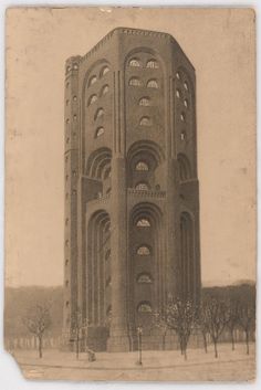 an old photo of a tall building with many windows