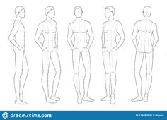 a line drawing of men's body and torsos, from front to back