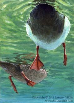 a painting of two birds in the water