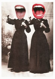 two women in black dresses with their mouths open and one has her mouth wide open