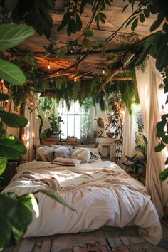 a bed with lots of greenery on the walls and ceiling in a room filled with plants