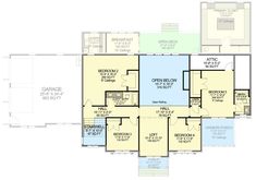 the first floor plan for a home with multiple rooms and an attached garage area,