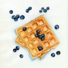 some blueberries and waffles on a white tablecloth with watercolor pencils