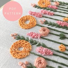 a close up of a embroidery pattern with flowers on it