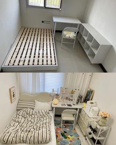 there are two pictures of the same room in this house, one is empty and the other has an unmade bed