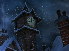 a clock tower in the middle of a snowy night