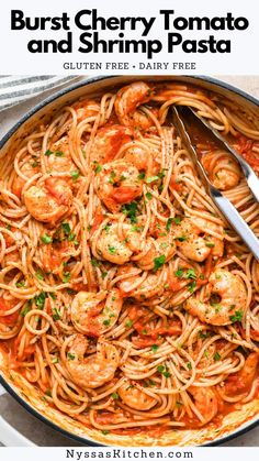 pasta with shrimp and tomato sauce in a skillet