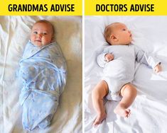 two pictures of babys laying on top of a bed next to each other with the caption grandma's advice doctors advise