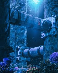 an underwater scene with barrels and corals in the foreground, surrounded by blue water