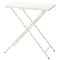 a white folding table with wheels on the bottom and one leg raised up to allow easy seating