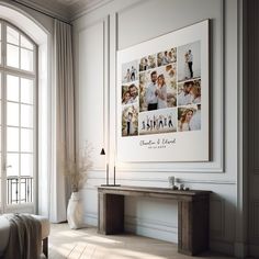 a living room with white walls and flooring has a large framed photo on the wall