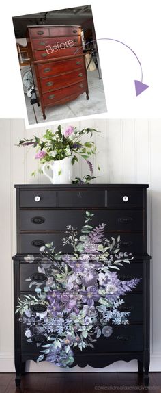 an old dresser has been painted with flowers