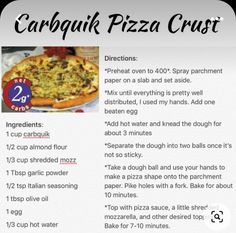 a menu with instructions for how to make a carbquik pizza crust recipe