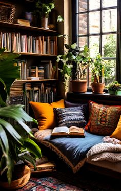 a living room filled with lots of books and plants