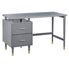 an office desk with two drawers and gold handles on the bottom, against a white background