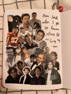 an open notebook with pictures of people on it