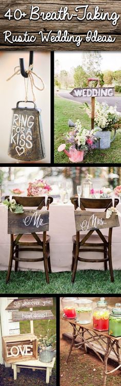 the wedding table is decorated with wooden signs