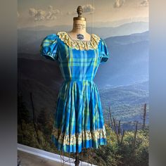 Vintage Plaid Square Dancing Dress. Blue With Gold Lace Trim. Cap Sleeves. Elastic Waist. Metal Zipper In Back. 35 Inches Long. Dancing Dress, Square Dancing, Gold Lace, Vintage Plaid, Metal Zipper, Dance Dresses, Dress Blue, Blue Yellow, Cap Sleeves