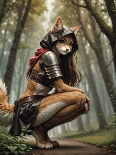 a cat dressed up as a knight crouching down in the woods with its tail curled back