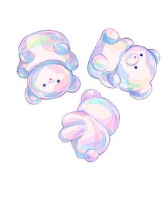 three teddy bears with bubbles in the shape of their heads and arms, one is pink