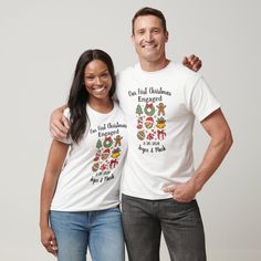 a man and woman standing next to each other wearing t - shirts that say our children are engaged