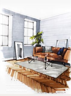 a watercolor painting of a living room with couches and a rug on the floor