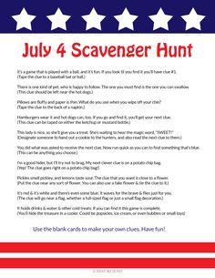 the july 4 scavenger hunt is shown in red, white and blue with stars