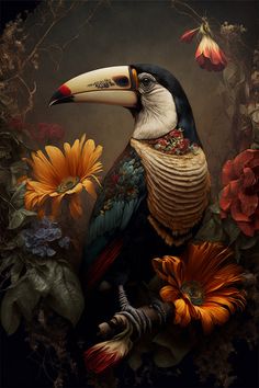 a painting of a toucan surrounded by flowers