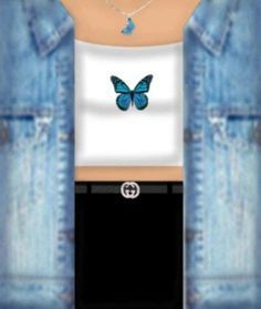 an open jean jacket with a butterfly on the front and back pocket, hanging from a chain