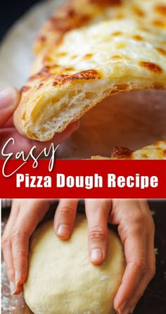 the pizza dough is being held up by someone's hands