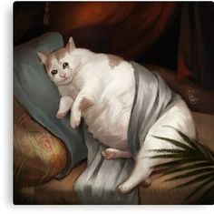 a painting of a cat sitting on a couch with a blanket over it's back