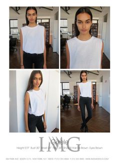 four photos of a woman in white shirt and black pants