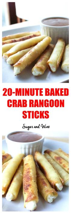 two pictures showing how to make baked crab rangoon sticks with dipping sauce on the side