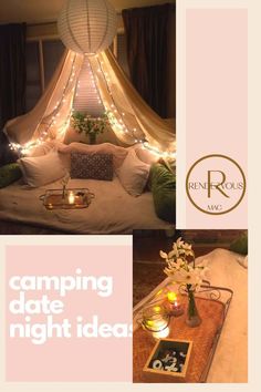 a collage of photos with the words camping date night idea