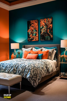 This image unfolds a stunning bedroom awash with deep teal (#008080) and animated by splashes of bright orange (#FFA500). The room features a luxuriously soft teal bed against a stylish accent wall with playful orange artworks. An orange contemporary bedside table holds chic minimalist decorations and is complemented by a plush teal rug, offering a sumptuous feel underfoot. Sleek minimalist lighting fixtures cast a warm glow, accentuating the bold and tranquil color scheme. Orange And Teal Bedroom, Small Bedroom Layout, Bedroom Vibes, Orange Bedroom, Teal Bedroom, Tranquil Bedroom, White Bench, Living Room Orange, Bedroom Orange