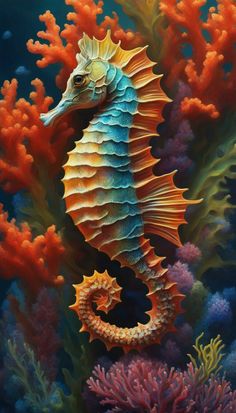 a painting of a sea horse on the ocean floor with corals and other marine life