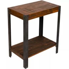 a small wooden table with metal legs on an isolated white background for use as a side table or end table