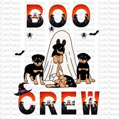 two dogs dressed up as witches and the words boo crew are in front of them