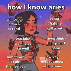 a woman with butterflies on her shoulder and the words how i know aries are